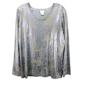 Chicos Gray Blue Metallic Top Size M 1 Long Sleeve Rayon Spandex Shiny Bling